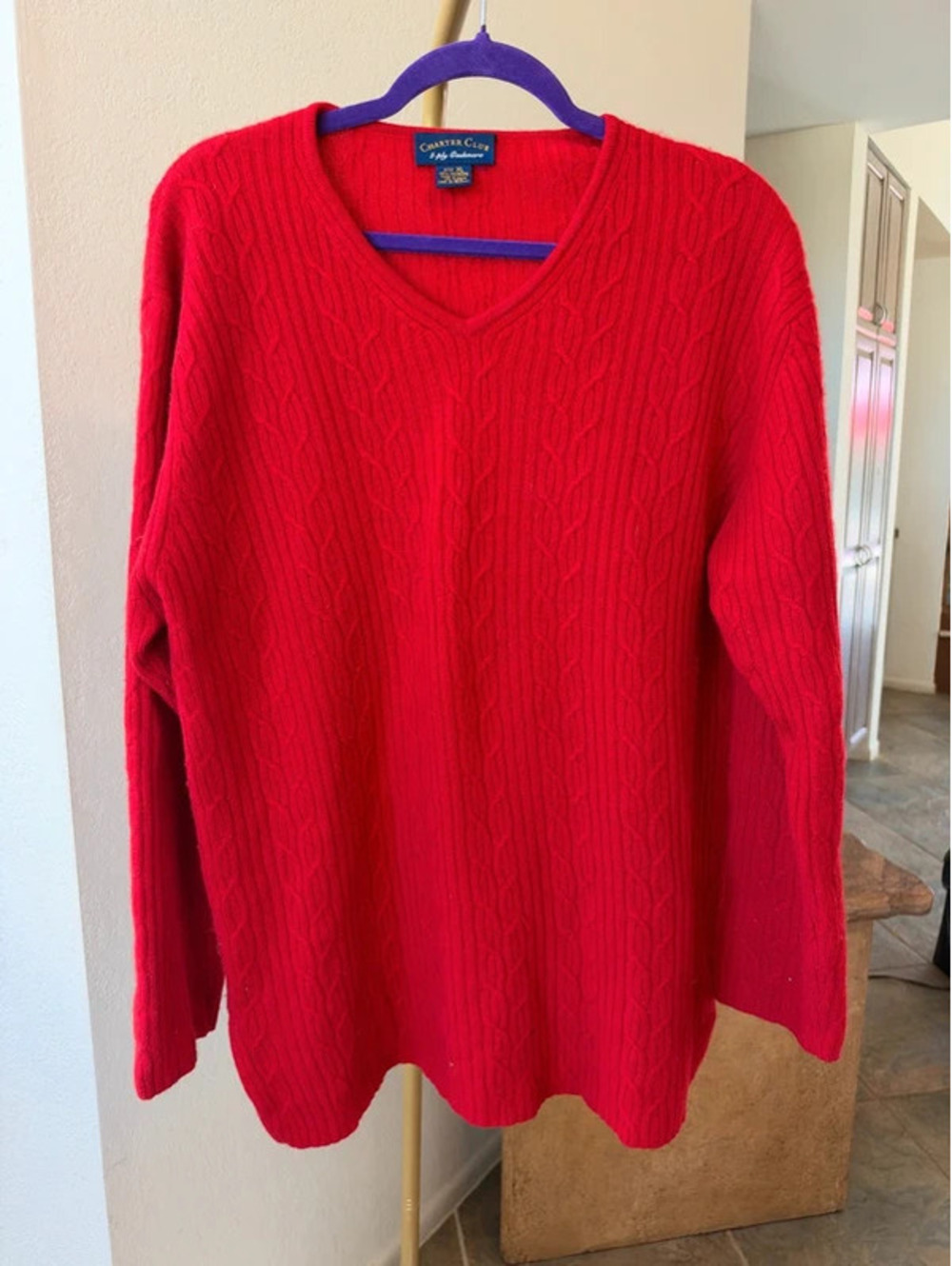 Charter Club 2-Ply Cashmere V-Neck Cable Knit Sweater Red Extra Large